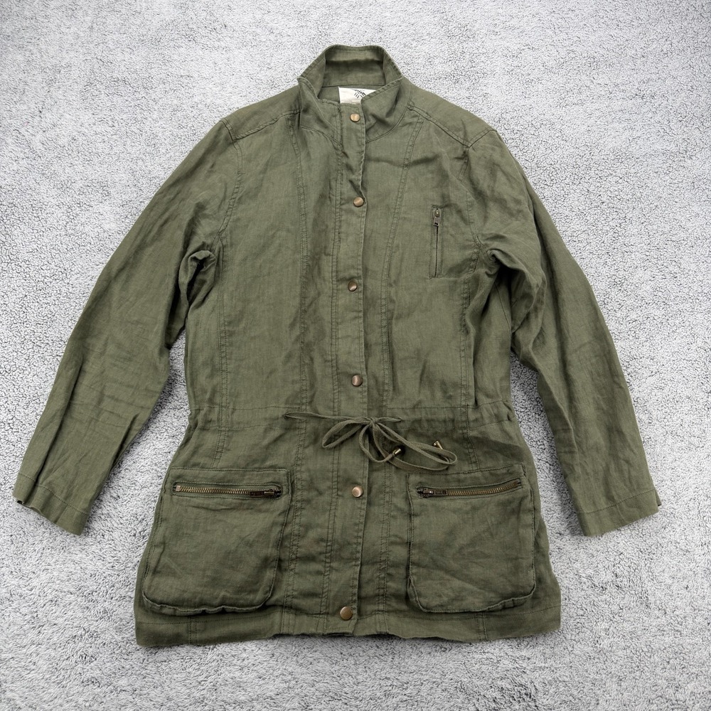 Artisan NY Military Jacket Womens Medium Army Green Linen Zip Pocket Drawstring